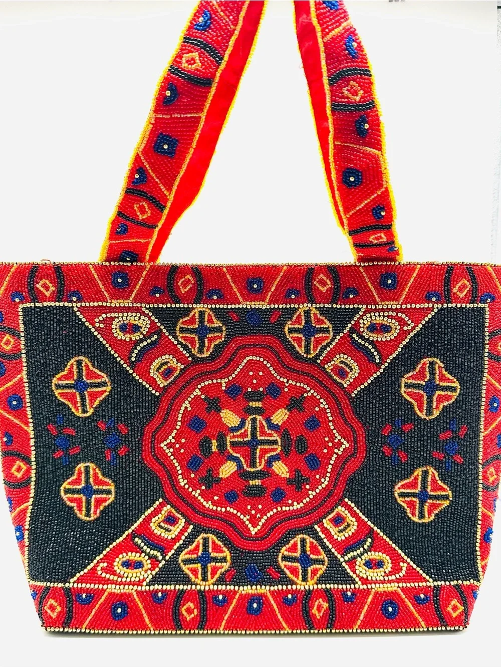 Vintage Large Red Black Gold Beaded Tote Handbag Southwest Geometric Pattern